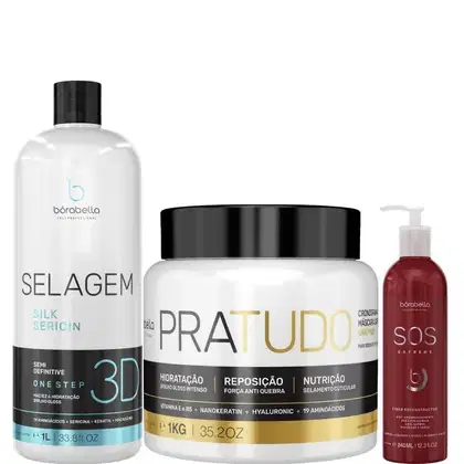 Kit com escova progressiva Selagem 3D, máscara Pra Tudo e máscara de reconstrução SOS Extreme, da marca Borabella.