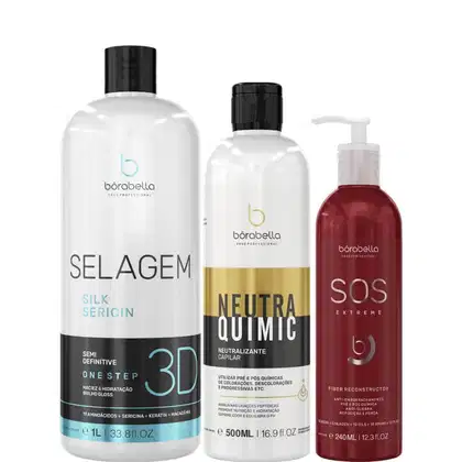 Kit com escova progressiva Selagem 3D, neutralizante capilar NeutraQuimic e máscara de reconstrução SOS Extreme, da marca Borabella.