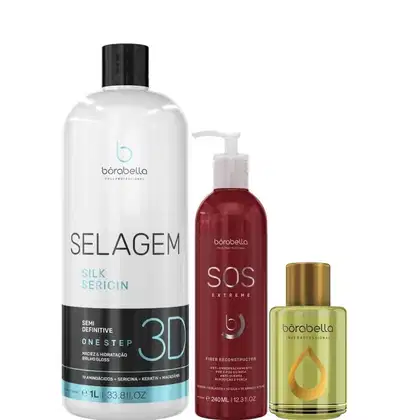 Kit com escova progressiva Selagem 3D, máscara de reconstrução SOS Extreme e reparador de pontas, da marca Borabella.