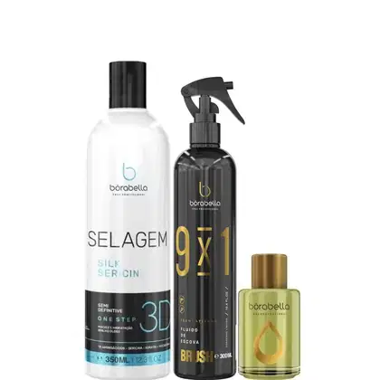 Kit com escova progressiva Selagem 3D, leave-in Brush 9x1 e reparador de pontas, da marca Borabella.