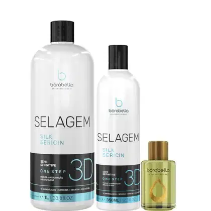 Kit com escova progressiva Selagem 3D de diferentes tamanhos, e reparador de pontas, da marca Borabella.