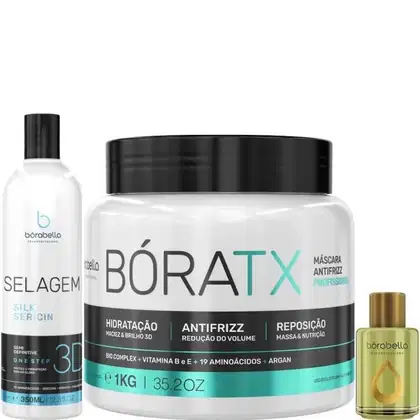 Kit com escova progressiva Selagem 3D, máscara de realinhamento BóraTX e reparador de pontas, da marca Borabella.