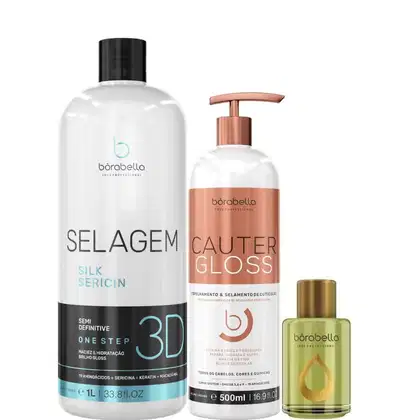 Kit com escova progressiva Selagem 3D, máscara Cauter Gloss e reparador de pontas, da marca Borabella.