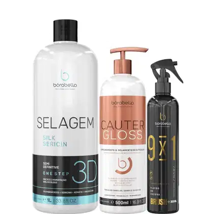 Kit com escova progressiva Selagem 3D, máscara Cauter Gloss e leave-in 9x1 Brush, da marca Borabella.