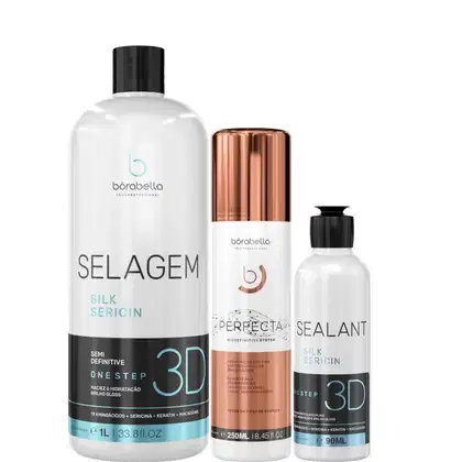 Kit com progressiva Selagem 3D de diferentes tamanhos e redutor de volume Perfecta, da marca Borabella.