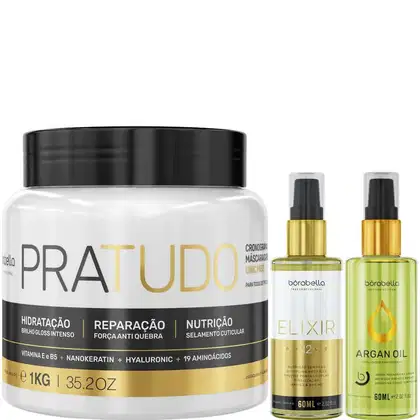 Kit com máscara capilar Pra Tudo, reparador de pontas Argan e óleo capilar Elixir, da marca Borabella.