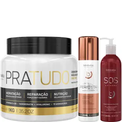 Kit com máscara Pra Tudo, máscara SOS Extreme e escova progressiva Perfecta, da marca Borabella.