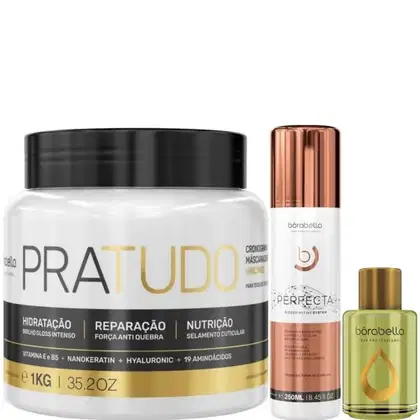 Kit com máscara Pra Tudo, reparador de pontas e escova progressiva Perfecta, da marca Borabella.