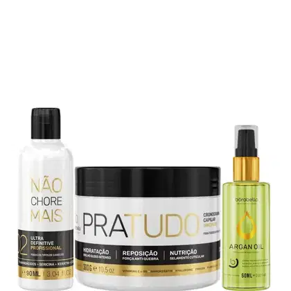 Kit com redutor de volume Não Chore Mais, máscara Pra Tudo e reparador de pontas, da marca Borabella.