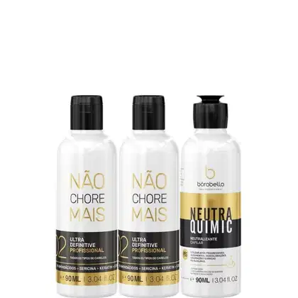 Kit com redutores de volume Não Chore Mais e neutralizante capilar NeutraQuimic, da marca Borabella.