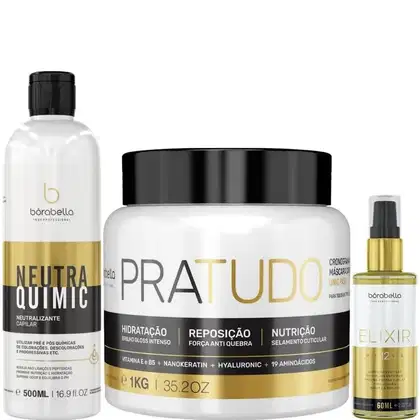 Kit com neutralizante NeutraQuimic, máscara Pra Tudo e óleo capilar Elixir, da marca Borabella
