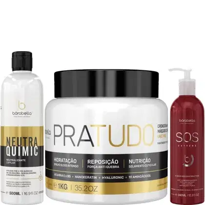 Kit com neutralizante NeutraQuimic, máscara Pra Tudo e máscara SOS Extreme, da marca Borabella