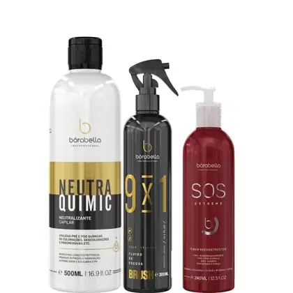 Kit com neutralizante NeutraQuimic, leave-in 9x1 Brush e máscara SOS Extreme, da marca Borabella