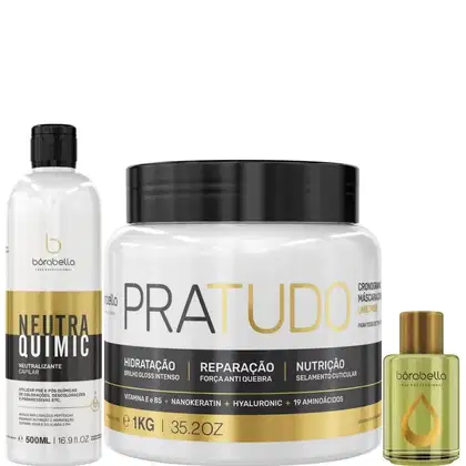 Kit com neutralizante NeutraQuimic, máscara Pra Tudo e reparador de Pontas Argan, da marca Borabella
