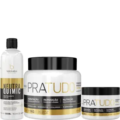 Kit com neutralizante NeutraQuimic e máscara Pra Tudo de diferentes tamanhos, da marca Borabella