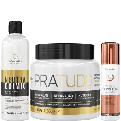 Kit com neutralizante NeutraQuimic, máscara Pra Tudo e escova progressiva Perfecta, da marca Borabella.