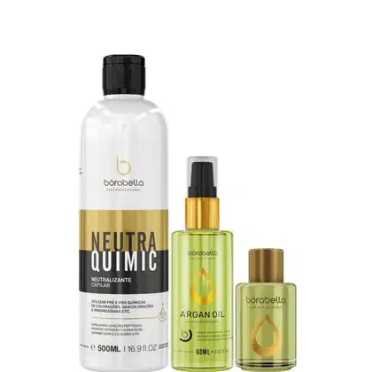 Kit com neutralizante NeutraQuimic e reparadores de pontas Argan, da marca Borabella