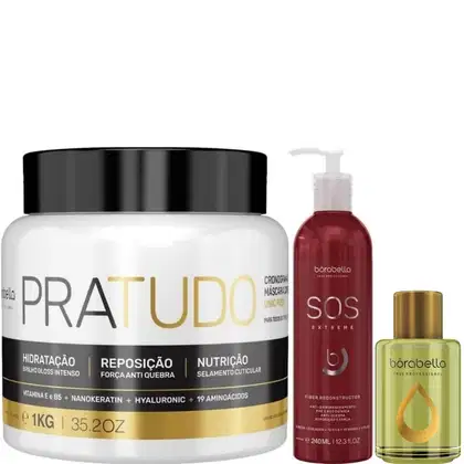 Kit com máscara Pra Tudo, máscara SOS Extreme e reparador de pontas Argan, da marca Borabella.
