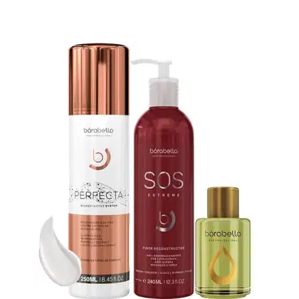Kit com escova progressiva Perfecta, máscara SOS Extreme, e reparador de pontas, da marca Borabella.