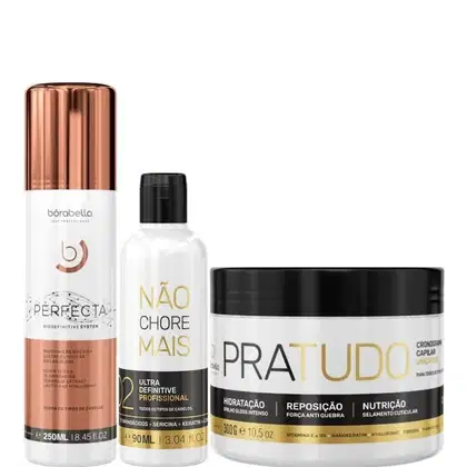 Kit com escova progressiva Perfecta, máscara Pra Tudo e redutor de volume Não Chore Mais, da marca Borabella.