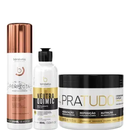Kit com escova progressiva Perfecta, máscara Pra Tudo e neutralizante capilar NeutraQuimic, da marca Borabella.