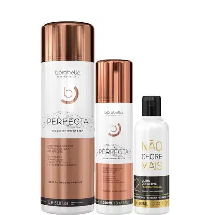 Kit com escova progressiva Perfecta de diferentes tamanhos, além de redutor de volume Não Chore Mais, da marca Borabella.