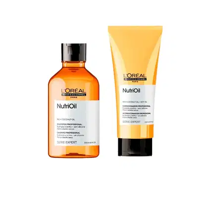 A imagem mostra dois produtos de cuidados capilares da linha NutriOil da L'Oréal Professionnel. Um é um shampoo enriquecido com óleo de coco, em uma embalagem de plástico âmbar. O outro é um condicionador da mesma linha, em um tubo plástico amarelo.