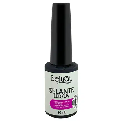 O produto apresentado é um selante LED/UV da marca Beltrat. Trata-se de um frasco plástico preto com rótulo branco, contendo 10 ml do produto. O rótulo indica que o selante é utilizado para potencializar o brilho das unhas