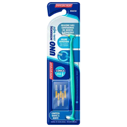 Imagem do produto ESCOVA DE DENTES UNITUFO UNO DENTALCLEAN COM SUPORTE PARA INTERDENTAL CÔNICA - GRÁTIS REFIL CÔNICO 6 UNIDADES
