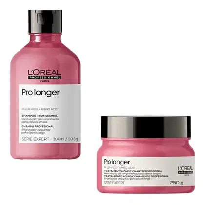 A imagem mostra dois produtos de cuidados capilares da linha L'Oréal Professionnel Prolonger. Um é um shampoo profissional em um frasco plástico rosa de 300ml. O outro é um tratamento condicionante profissional em um pote rosa de 250g.