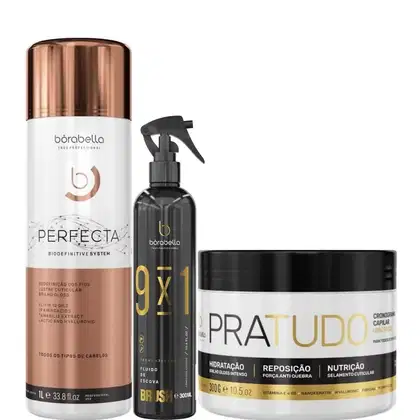 Kit da marca Borabella com Progressiva Perfecta 1Litro + Fluido Brush 300ml + Máscara Capilar Pratudo 300g