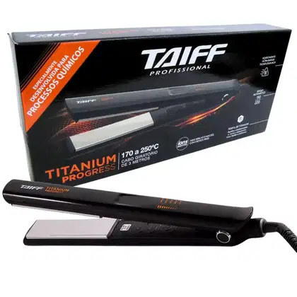 Chapinha para alisamento dos fios. texto na embalagem indica que o produto possui tecnologia Titanium e alcança uma temperatura máxima de 250°C, com um cabo giratório de 3 metros de comprimento.