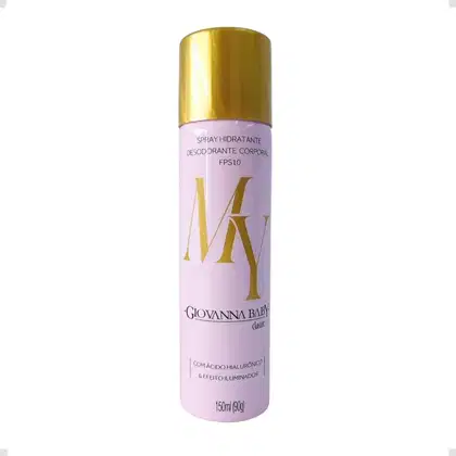 Frasco de spray desodorante corporal da marca Giovanna Baby, com embalagem rosa e dourada. Contém informações sobre o produto, como "Spray Hidratante Desodorante Corporal FPS10" e "Com Ácido Hialurônico & Efeito Iluminador".