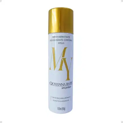 Spray hidratante desodorante corporal da marca Giovanna Baby, com frasco branco e tampa dourada, contendo informações sobre o produto como FPS10 e efeito iluminador.