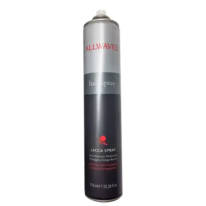 Frasco de spray para cabelo da marca Allwaves, com rótulo em branco e cinza, contendo a indicação "Lacca Spray" e informações sobre o produto.