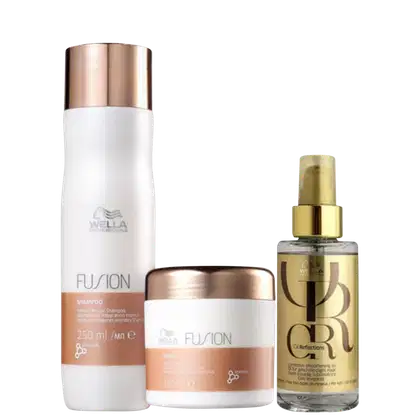 Três produtos de cuidados capilares da linha Fusion da marca Wella Professionals. O primeiro é um shampoo de 250ml. O segundo é uma máscara capilar. O terceiro produto é um óleo de brilho em um frasco transparente com tampa dourada.