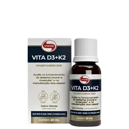 Suplemento alimentar líquido Vita D3+K2 da Vitafor, em frasco de 20 ml com rótulo em cores azul, branco e vermelho, indicado para o sistema imune e muscular, e manutenção dos ossos.