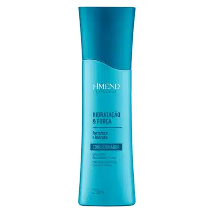 A imagem mostra um frasco plástico azul turquesa do condicionador da linha "Hidratação & Força" da marca Amend Cosméticos. O frasco tem o formato cilíndrico com capacidade de 250ml.