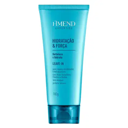 A imagem mostra um frasco plástico azul turquesa do leave-in da linha "Hidratação & Força" da marca Amend Cosméticos. O frasco tem o formato cilíndrico com capacidade de 180g