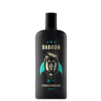 Condicionador Baboon em frasco preto opaco de 140ml. O frasco tem formato cilíndrico com tampa preta. Na frente, há uma ilustração estilizada de um babuíno com penteado alto e gravata, dentro de um círculo turquesa.