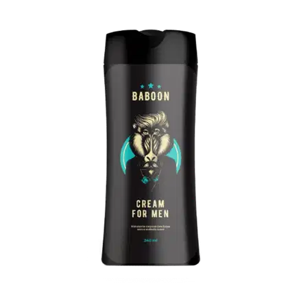 Cream for Men da marca Baboon. Embalagem preta em forma de tubo com capacidade de 240 ml. Apresenta uma ilustração de um babuíno com detalhes em amarelo e turquesa.