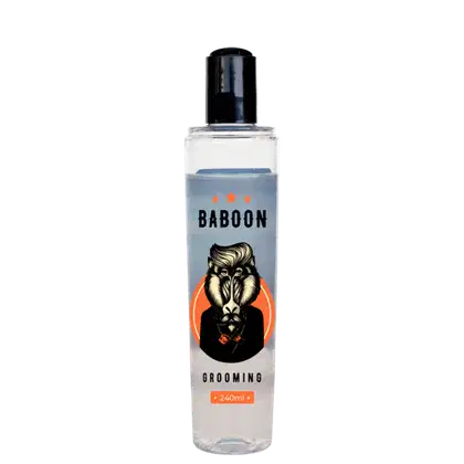 Produto de grooming em frasco transparente de 240ml. A embalagem tem um rótulo com o nome "Baboon" em letras grandes e a ilustração de um babuíno em tons de laranja, preto e bege. O frasco tem uma tampa preta na parte superior.
