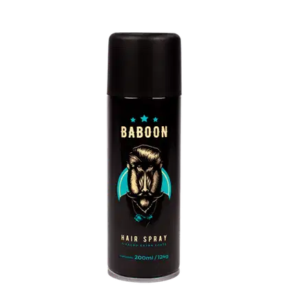Embalagem preta com imagem de um babuíno estilizado em tons de amarelo e azul turquesa. Texto "Baboon" e "Hair Spray" em letras grandes, indicando que é um spray fixador para cabelo. Informações adicionais como "Fixação Extra Forte" e conteúdo de 200ml