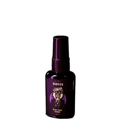 Óleo para barba em frasco roxo escuro. O frasco tem um formato cilíndrico e uma tampa protetora na parte superior. Na frente há um rótulo com o logotipo que mostra uma ilustração estilizada de um babuíno. Capacidade de 30ml.