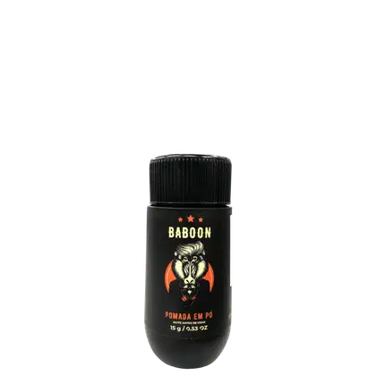 Pomada em pó da marca Baboon. Rótulo preto com imagem de um babuíno estilizado em branco e detalhes em vermelho. Texto "Baboon" em letras douradas, com três estrelas douradas. Informações do produto "Pomada em Pó" e peso líquido "15g / 0.53oz"
