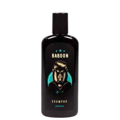 Shampoo em frasco preto de 240ml. Tem formato cilíndrico e tampa preta. Na frente, há um rótulo com o nome "Baboon" em letras douradas, três estrelas azuis e uma ilustração de um babuíno com penteado estilizado em tons de marrom e detalhes em azul claro.