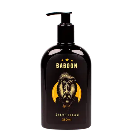 Creme de barbear Baboon em frasco preto opaco de 280ml. O frasco tem um dosador tipo bomba na parte superior. O rótulo frontal apresenta o logotipo Baboon com três estrelas acima, e uma ilustração de um babuíno em estilo gravura com uma lua cheia ao fundo