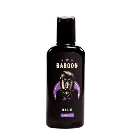 Balm em frasco preto de 140ml. O rótulo apresenta o nome "BABOON" em letras grandes e estilizadas, acompanhado de três estrelas roxas. Há uma ilustração de um rosto de babuíno em estilo gráfico, com detalhes em tons de roxo e branco.