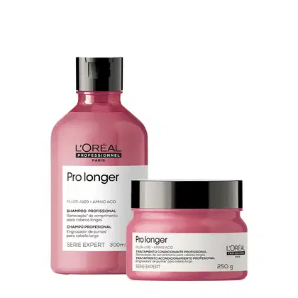 A imagem mostra dois produtos de cuidado capilar da linha Pro Longer da L'Oréal Professionnel. Um é um shampoo em um frasco plástico rosa de 300ml. O outro é uma máscara em um pote rosa opaco de 250g. Ambos têm tampas pretas.