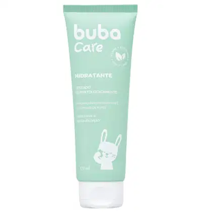 Creme hidratante Buba Care em embalagem tubular de plástico na cor verde menta de 100ml. A embalagem apresenta o logotipo "Buba Care" e o texto "HIDRATANTE" em letras brancas maiúsculas. Na parte inferior, há uma ilustração estilizada de um coelho branco.